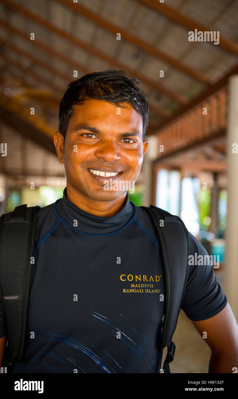 Maldives, Rangali Island. Conrad Hilton Resort. Dive instructor Stock Photo