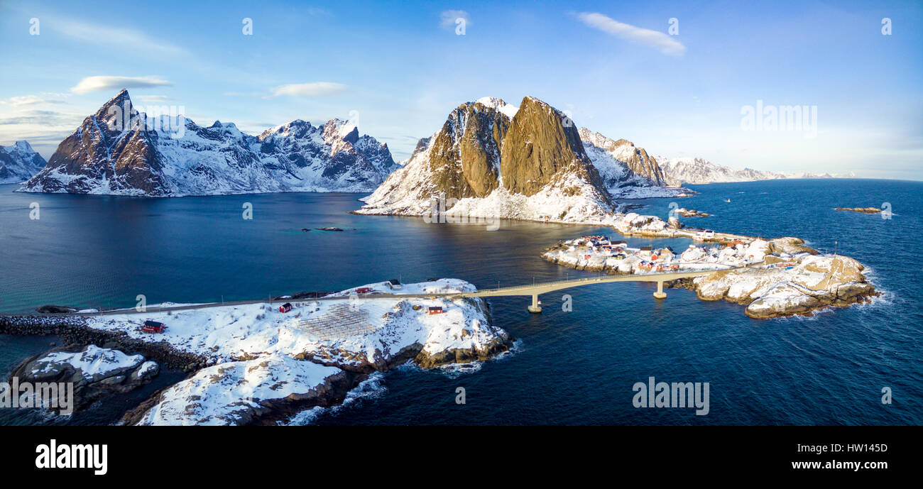 Hamnoy from above, Lofoten islands, Norway. Winter in a sunny day Stock Photo