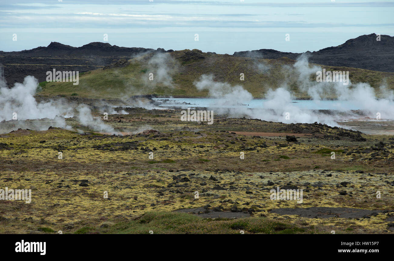 Geothermal Area in the Krisuvik Volcanic Region Iceland, Smoking  Fields of Volcanic Lava. Stock Photo