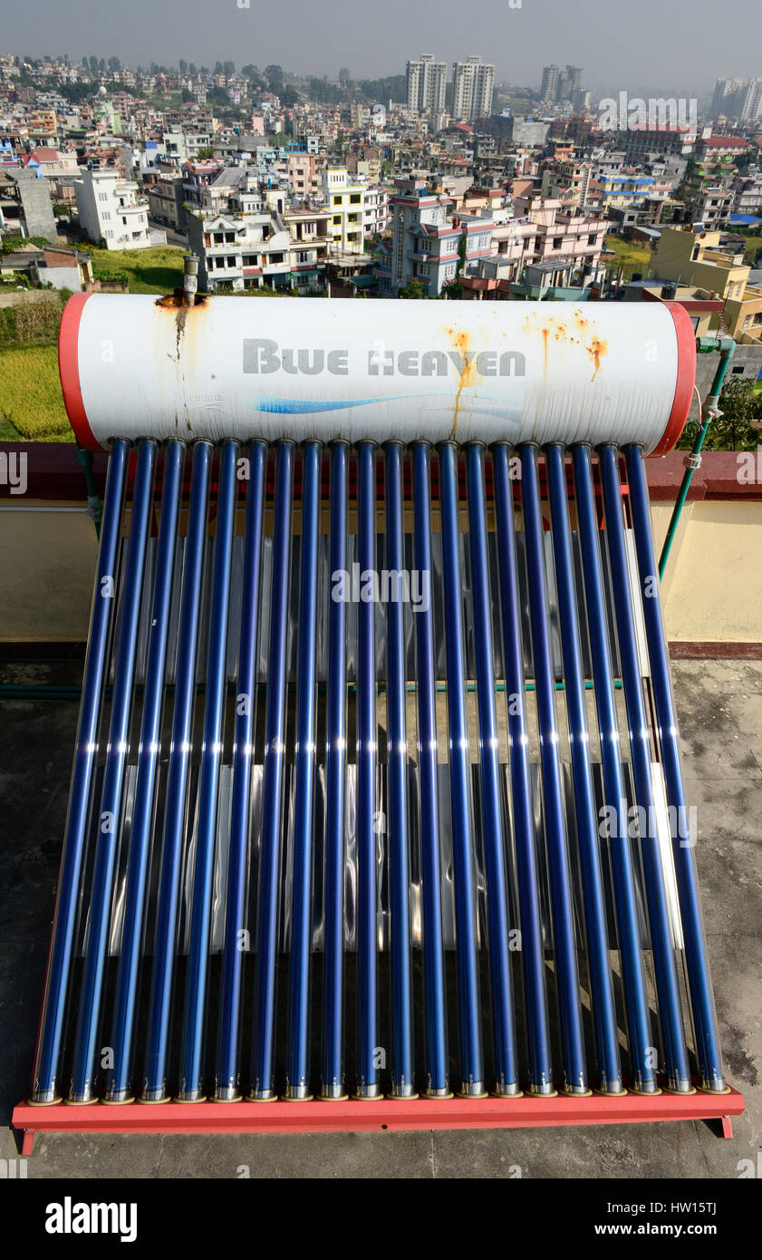 NEPAL Kathmandu, appartment building with solar collector for water heating / Haus mit Sonnenkollektor fuer Warmwasseraufbereitung Stock Photo