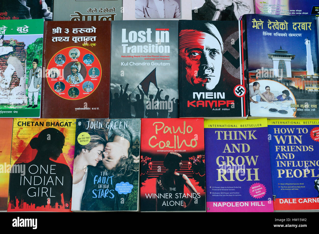 NEPAL Kathmandu, book seller on street, selling Nazi book of Adolf Hitler 'Mein Kampf' my struggle beside Paul Coelho, John Green, Think and grow rich, Lost in Transition and other books Stock Photo