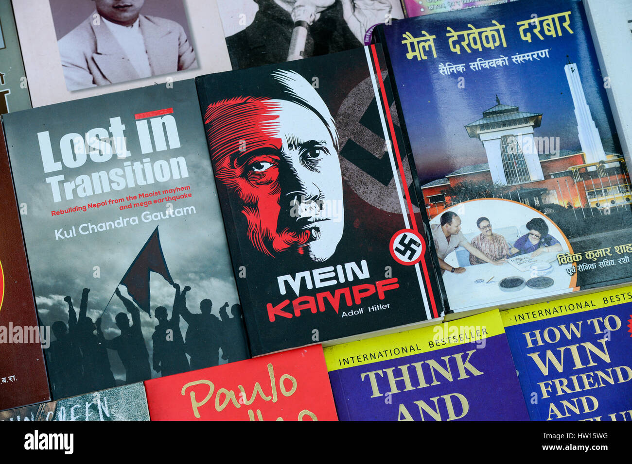 NEPAL Kathmandu, book seller on street, selling Nazi book of Adolf Hitler 'Mein Kampf' my struggle Stock Photo