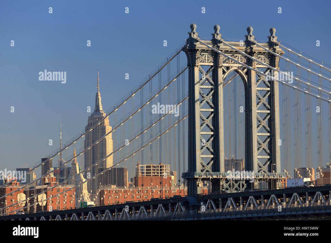 USA, New York, New York City, Manhattan Bridge and Empire State Building Stock Photo