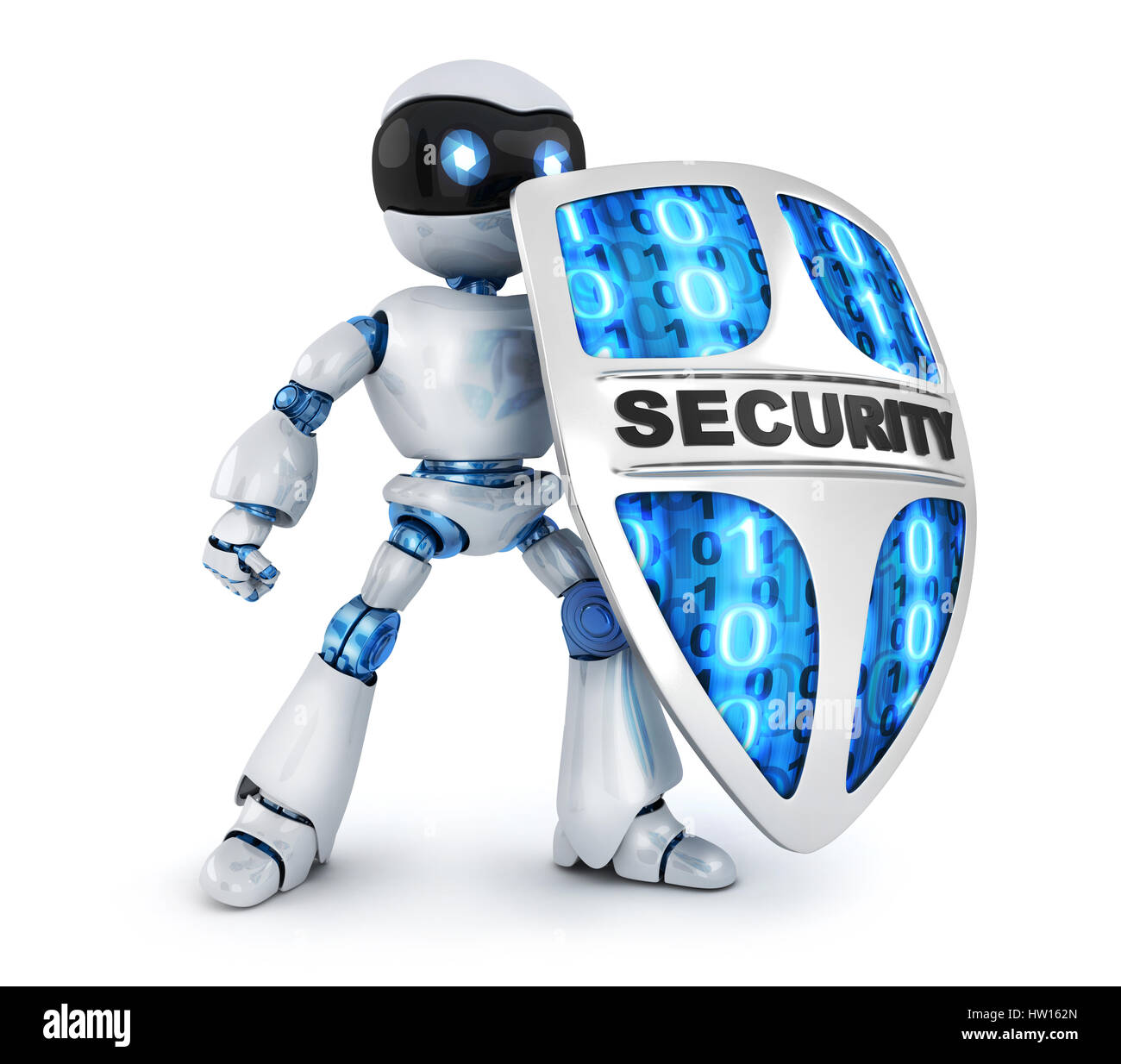 Protecting robot and shield security. 3d illustration, isolated Stock