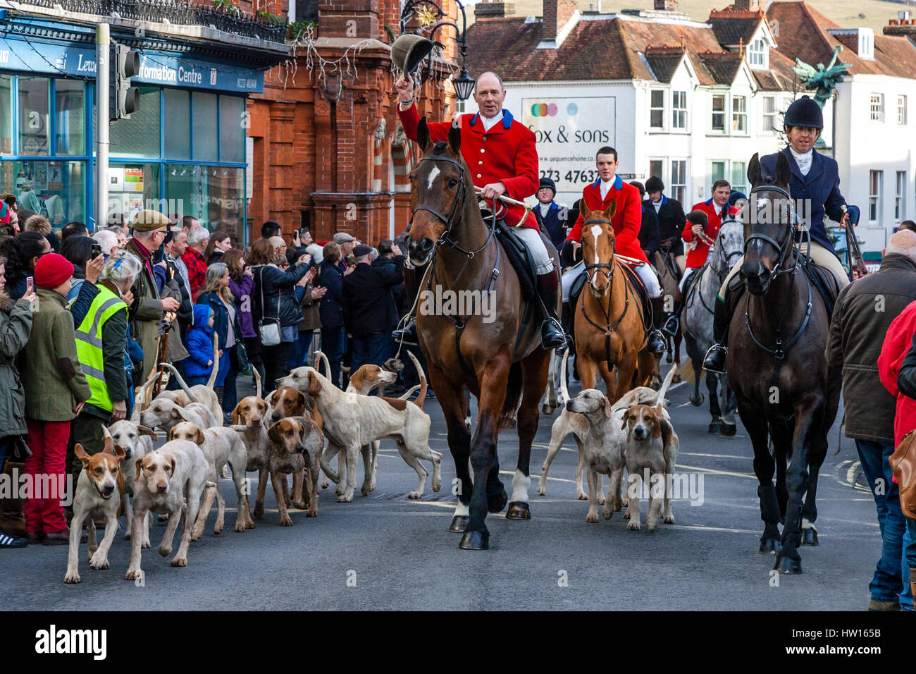 The Southdown and Eridge Hunt Arrive For Their Annual Boxing Day Meeting, High Street, Lewes, East Sussex, UK Stock Photo
