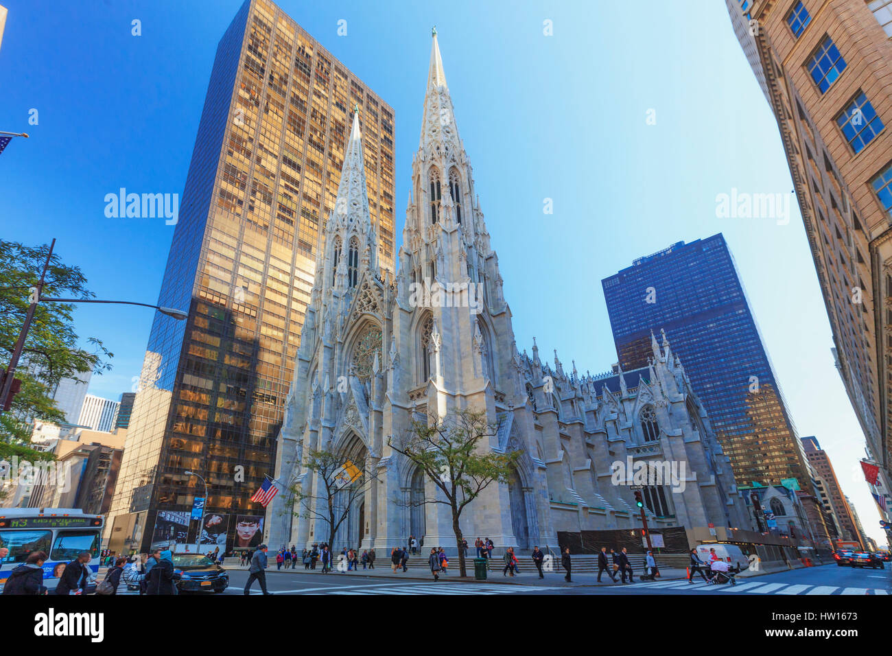 USA, New York, New York City, Manhattan, Rockefeller Center, Atlas Statue and St Patricks Cathedral Stock Photo