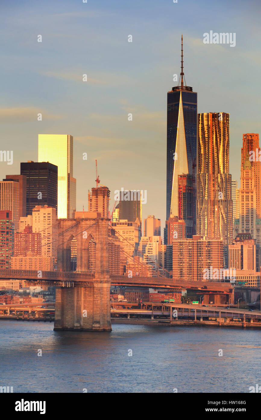USA, New York, New York City, Lower Manhattan and Brooklyn Bridge Stock Photo