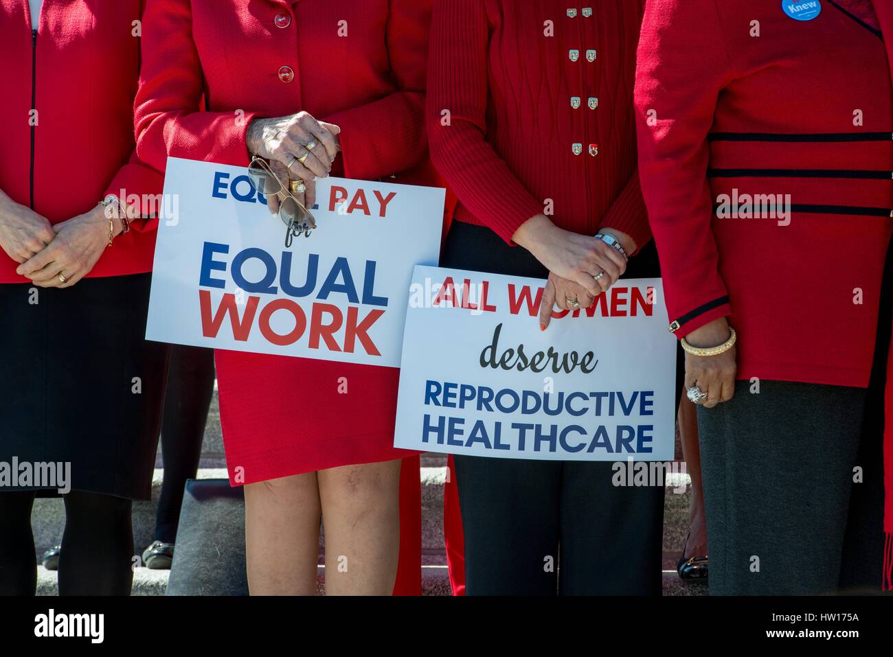 Democratic members of the U.S. Congress hold a rally in support of the Day Without A Woman protest outside the Capitol Building March 8, 2017 in Washington, DC. Stock Photo