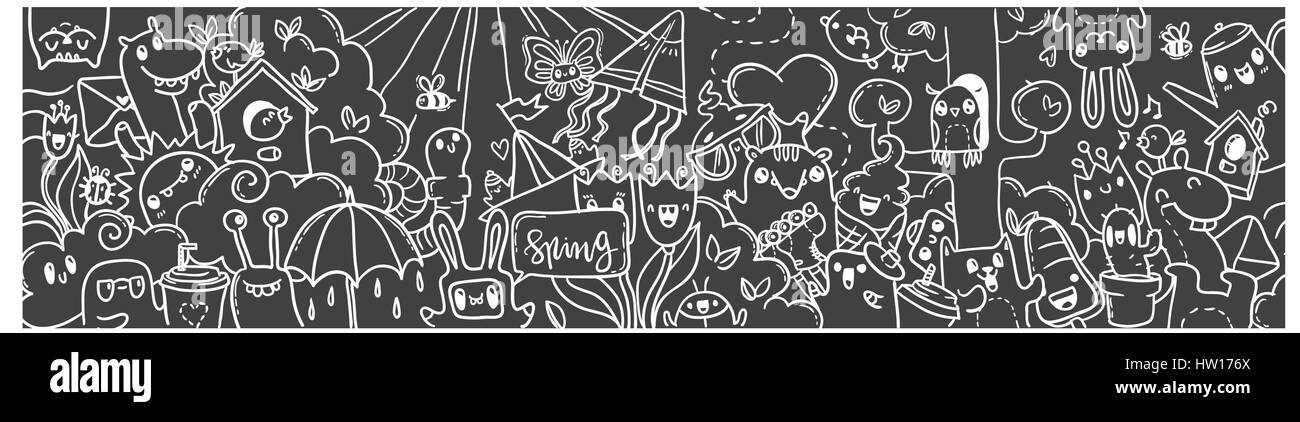 Spring Hand Drawn Doodles Banner Cartoon Spring Black And White