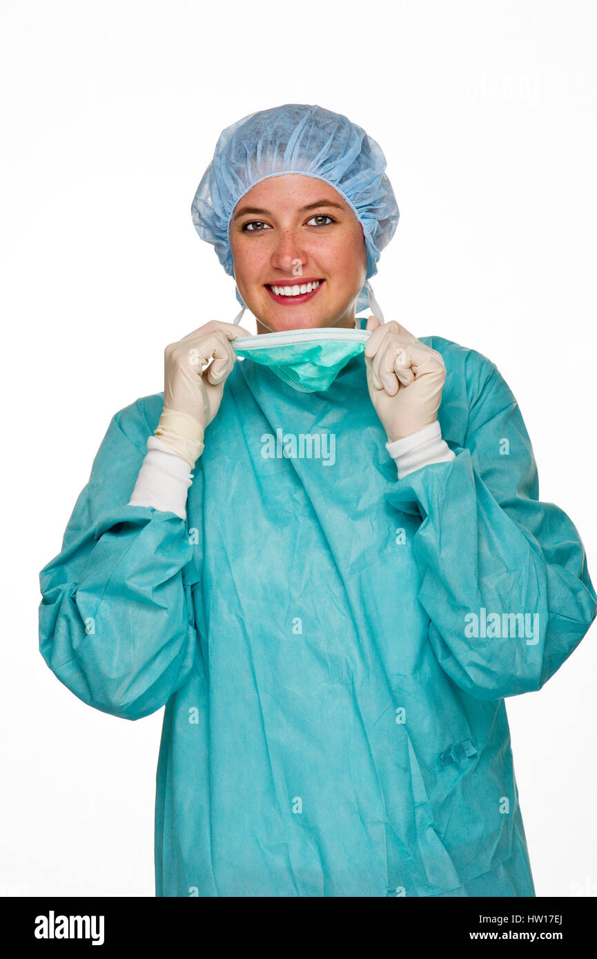OP Doctor with protective clothes, OP ƒrztin mit Schutzkleidung Stock Photo