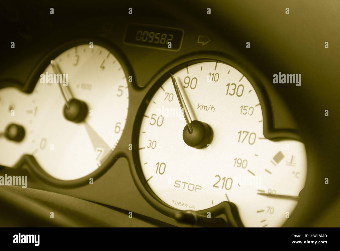 Speedometer with empty tank announcement in a car, Tachometer mit leerer Tankanzeige in einem Auto Stock Photo