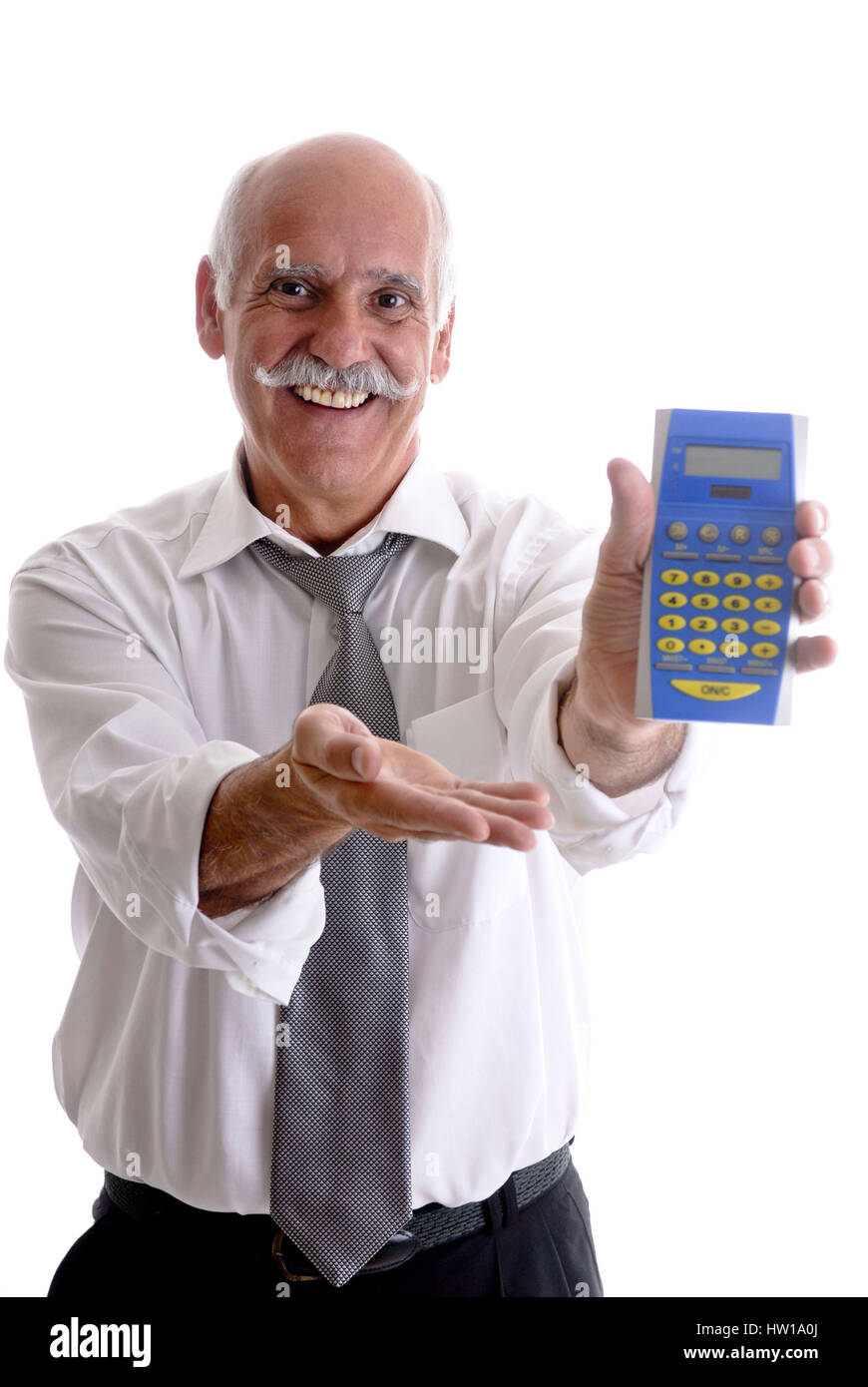 Successful businessman is holding company a calculator in B sharp hand