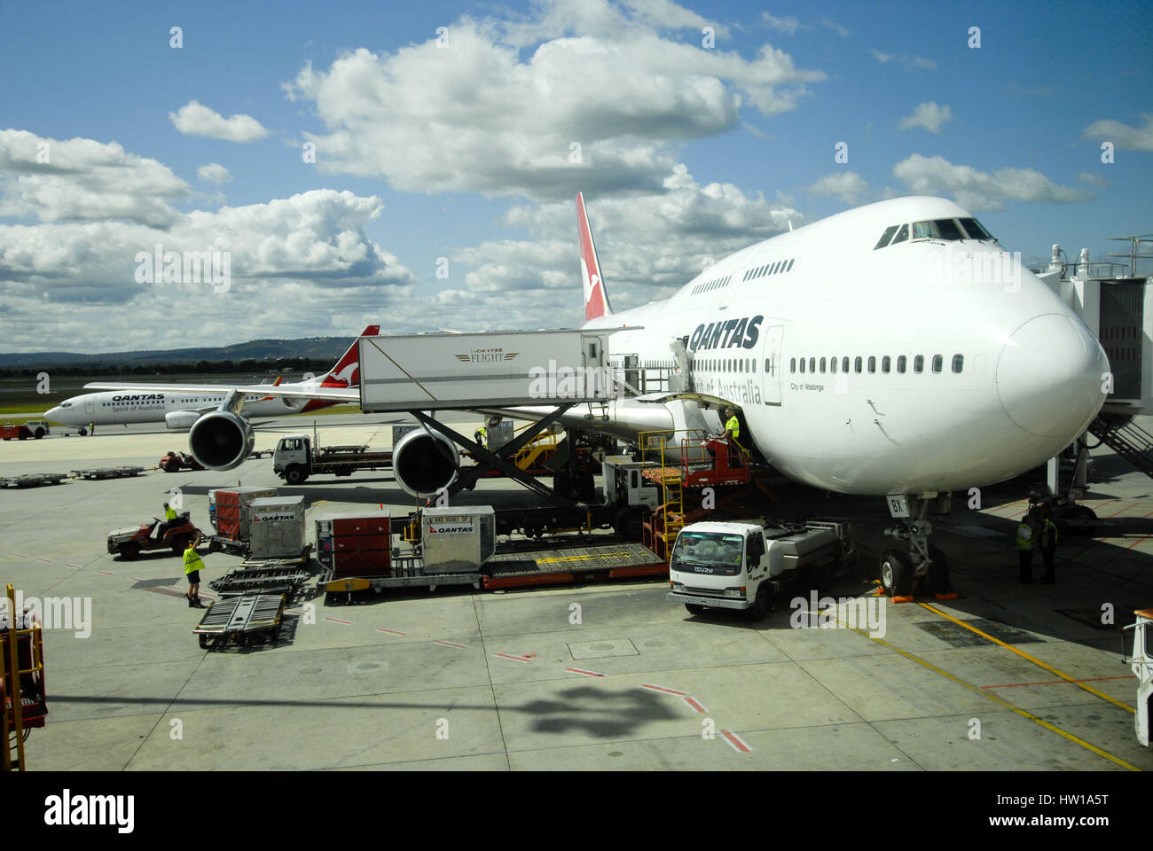 Boing 747 of the Qantas Airline , Boing 747 der Qantas Airline Stock Photo