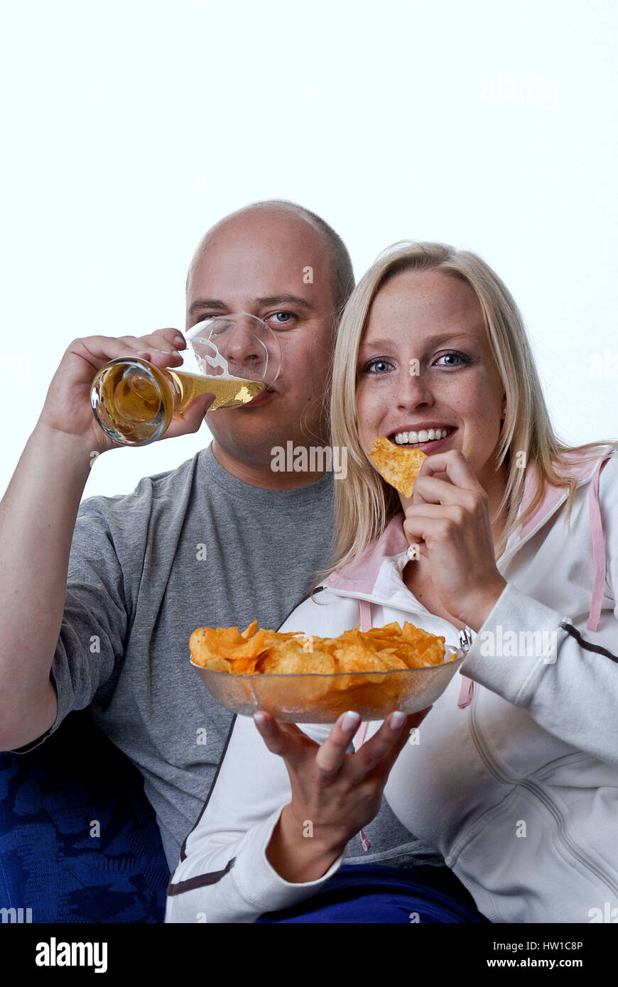 Chips and beer, Chips und Bier Stock Photo