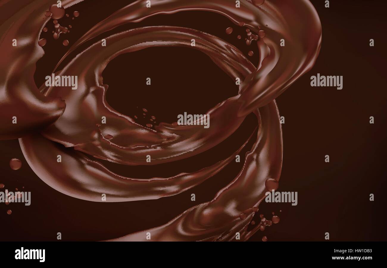 swirl shape chocolate flow element, dark brown background, 3d illustration Stock Vector