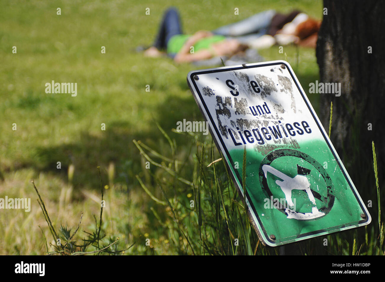Sign sunbathing area, Hinweisschild Liegewiese Stock Photo Alamy