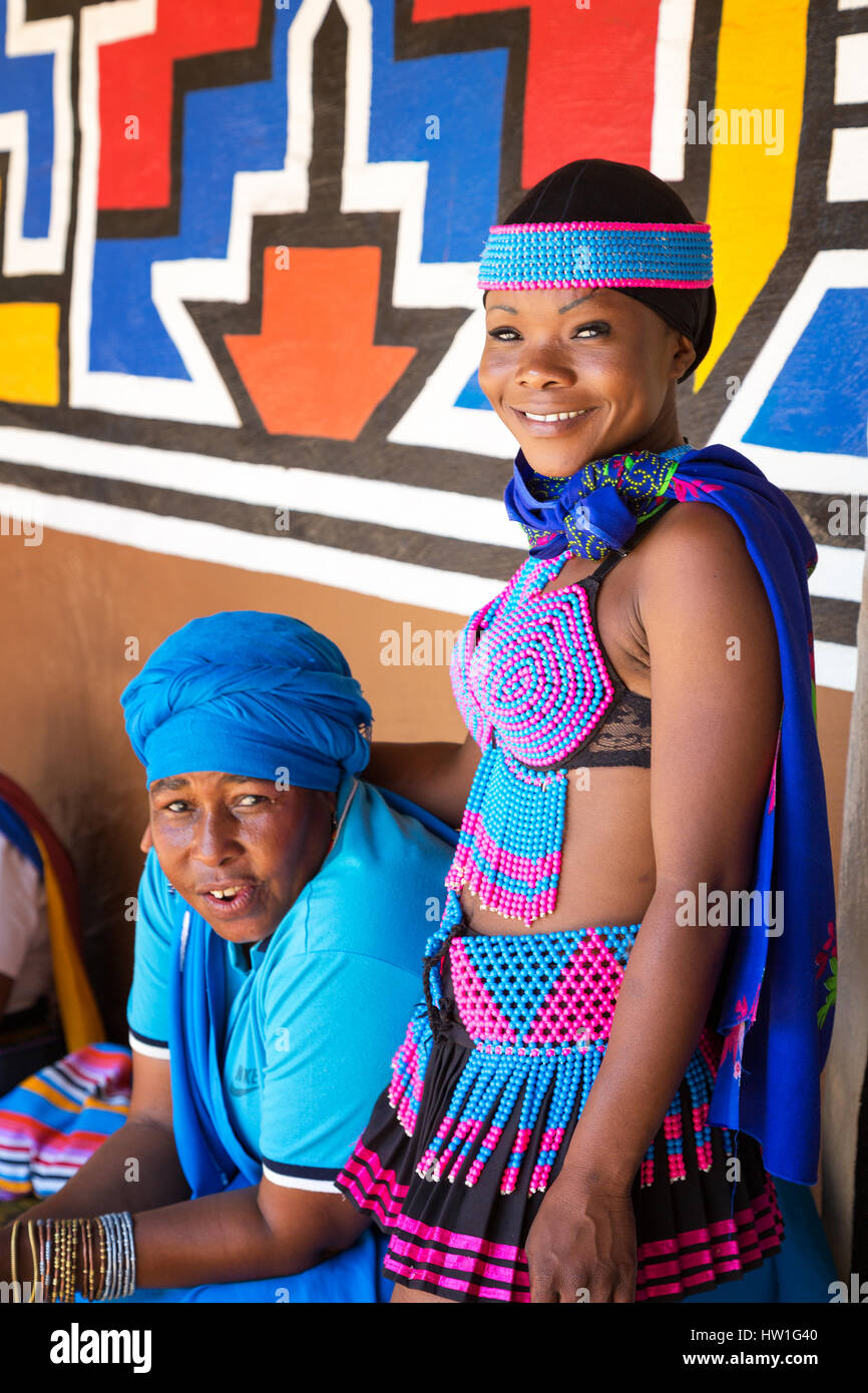 Lesedi Cultural Village, SOUTH AFRICA - 4 November 2016: Zulu women in colourful traditional bead work costume. Stock Photo