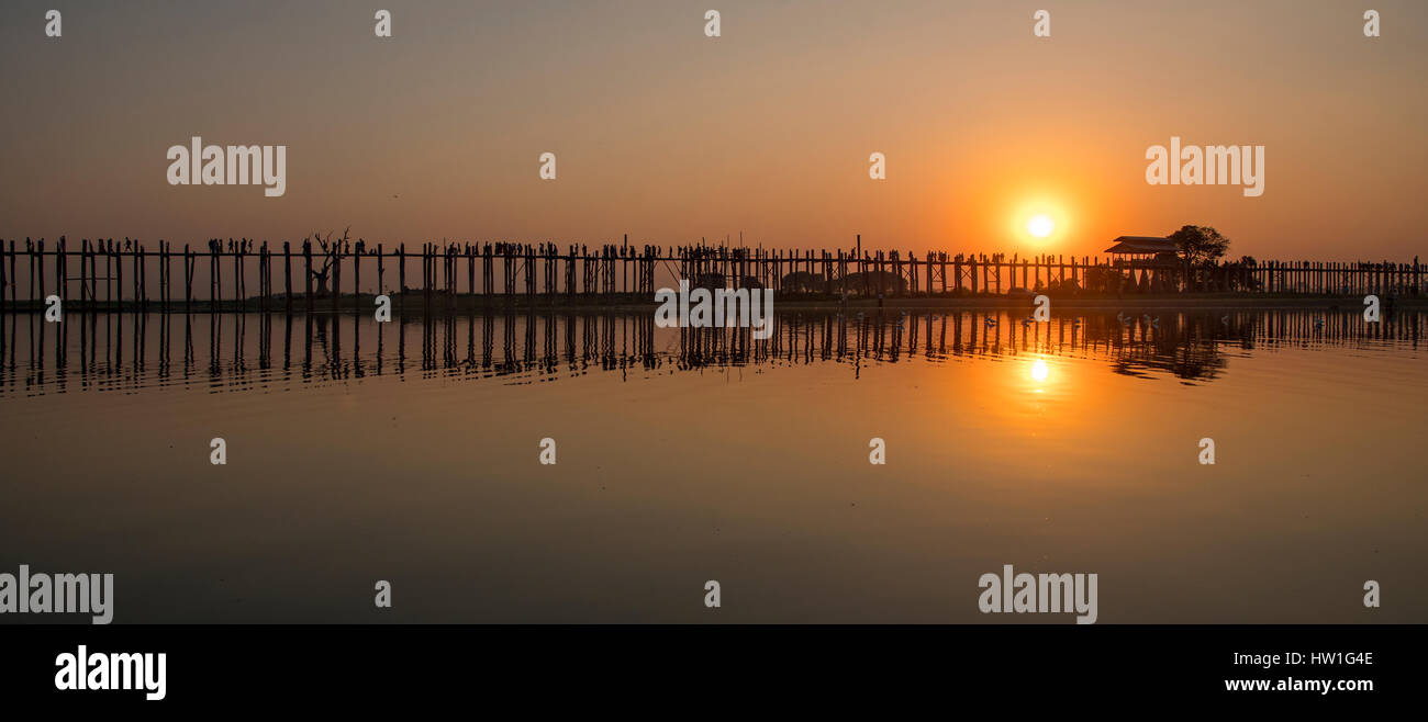Sunset at U Bein Bridge Panorama, near Amarapura, Myanmar Stock Photo ...