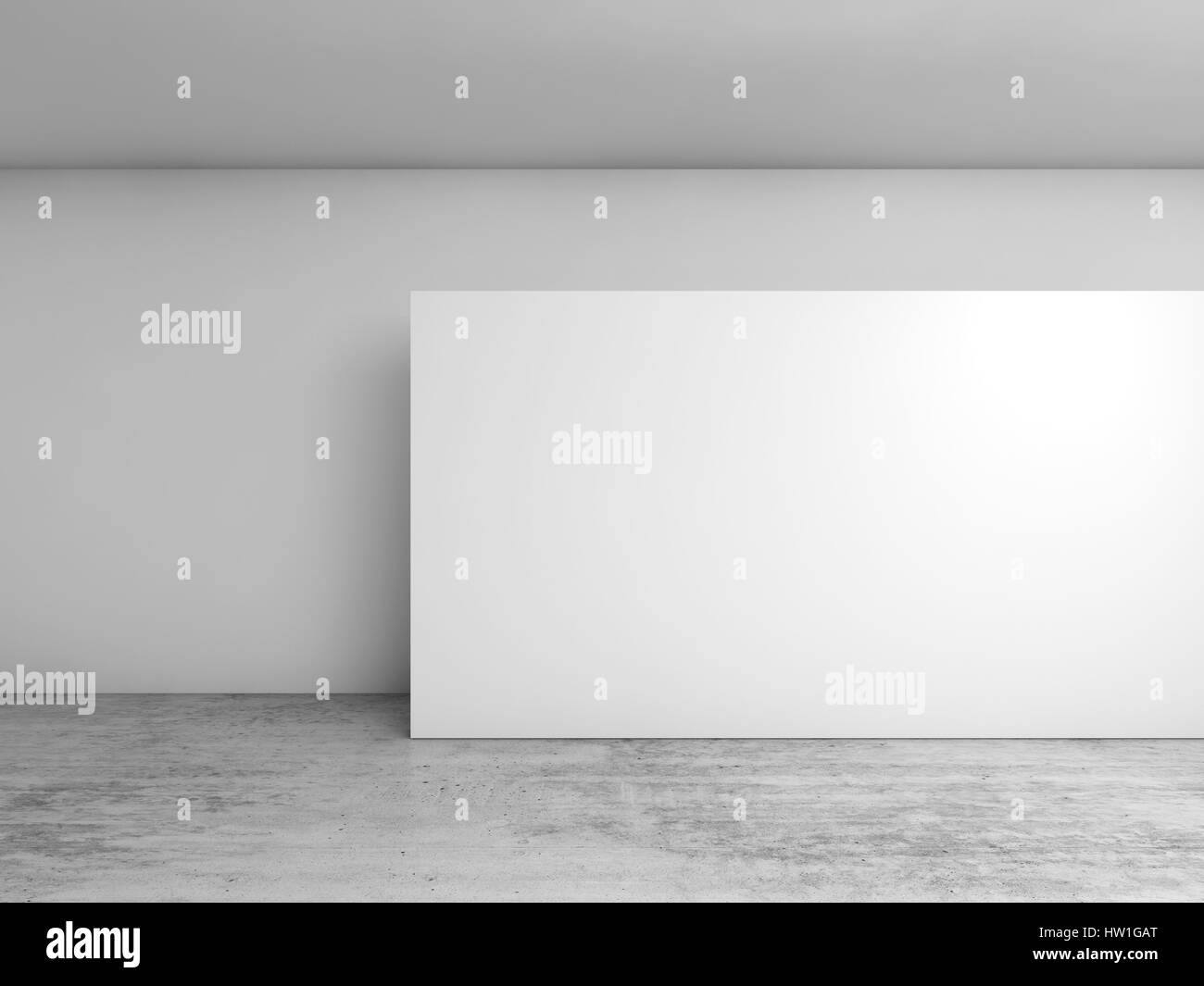 Abstract empty interior, white banner installation on concrete floor, contemporary architecture design. 3d render illustration, front view Stock Photo
