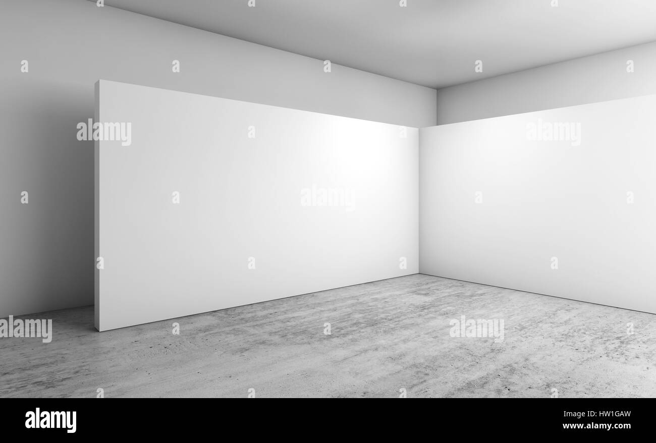 Abstract empty interior, white walls installation on concrete floor, contemporary architecture design. 3d illustration Stock Photo