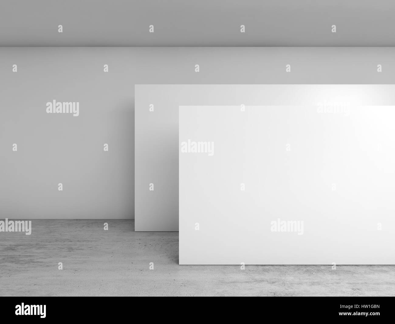 Abstract empty white interior, banners installation on concrete floor, contemporary architecture design. 3d illustration, front view Stock Photo