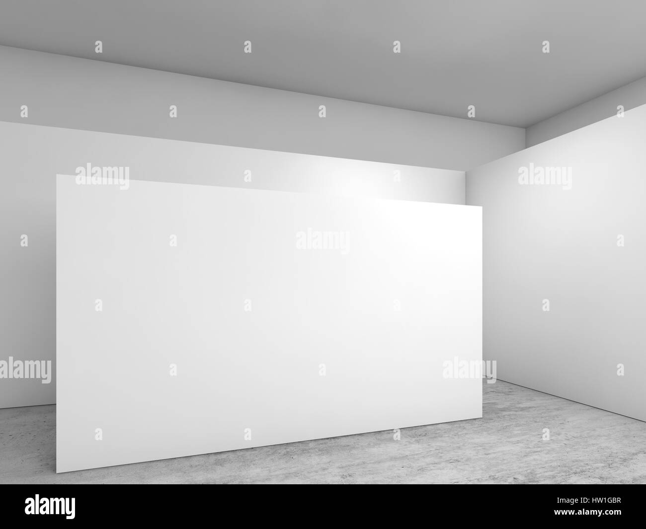 Abstract empty white interior, banners installation on concrete floor, contemporary architecture design. 3d illustration Stock Photo