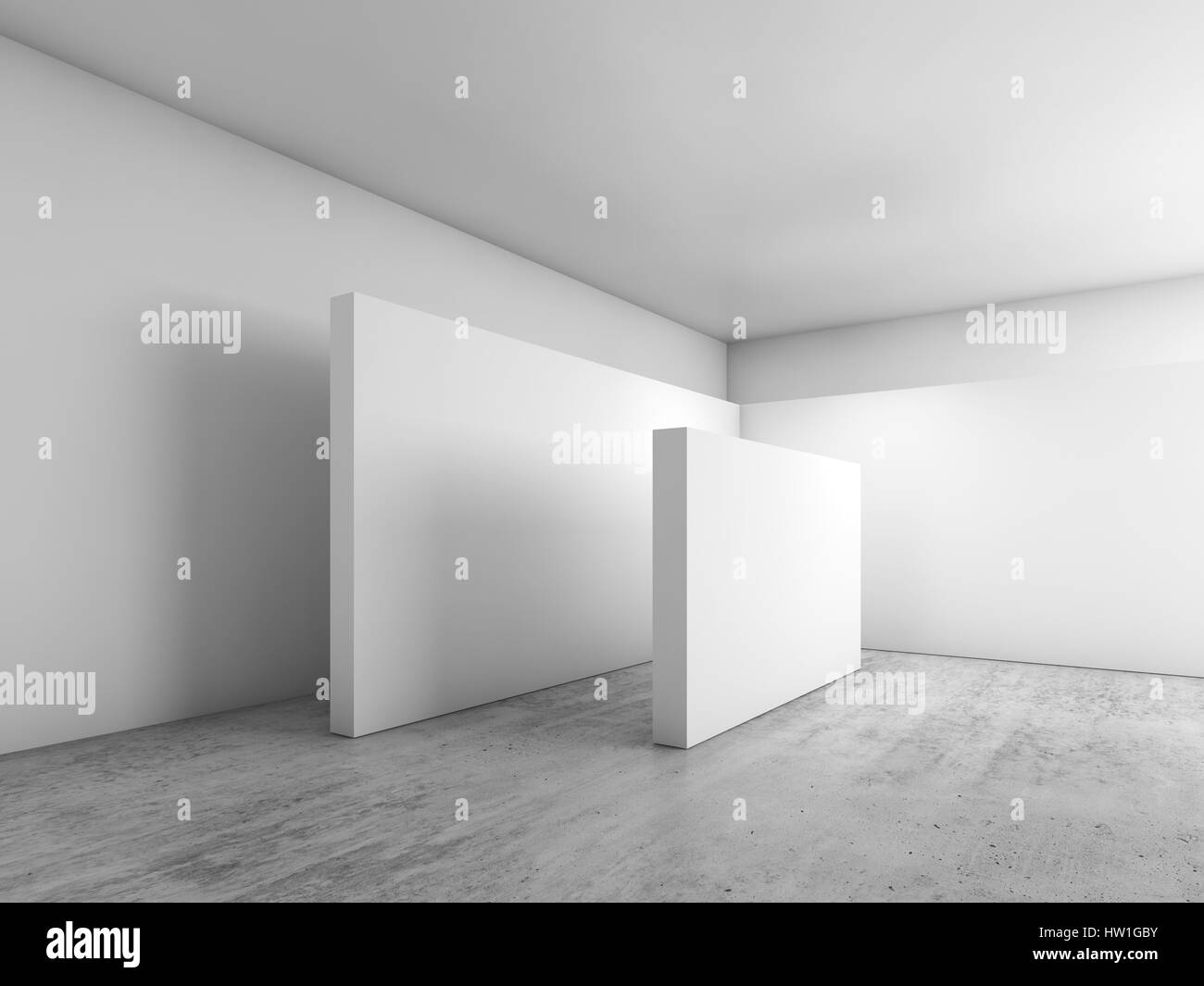 Abstract empty interior, white installation on concrete floor, contemporary architecture design. 3d illustration Stock Photo