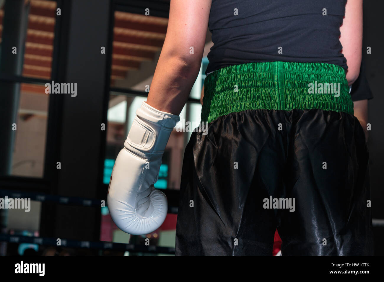 Female Pugilist Boxe: Closeup of White Glove and Black Shorts Stock Female Pugilist Boxe: Closeup of White Glove and Black Shorts Stock