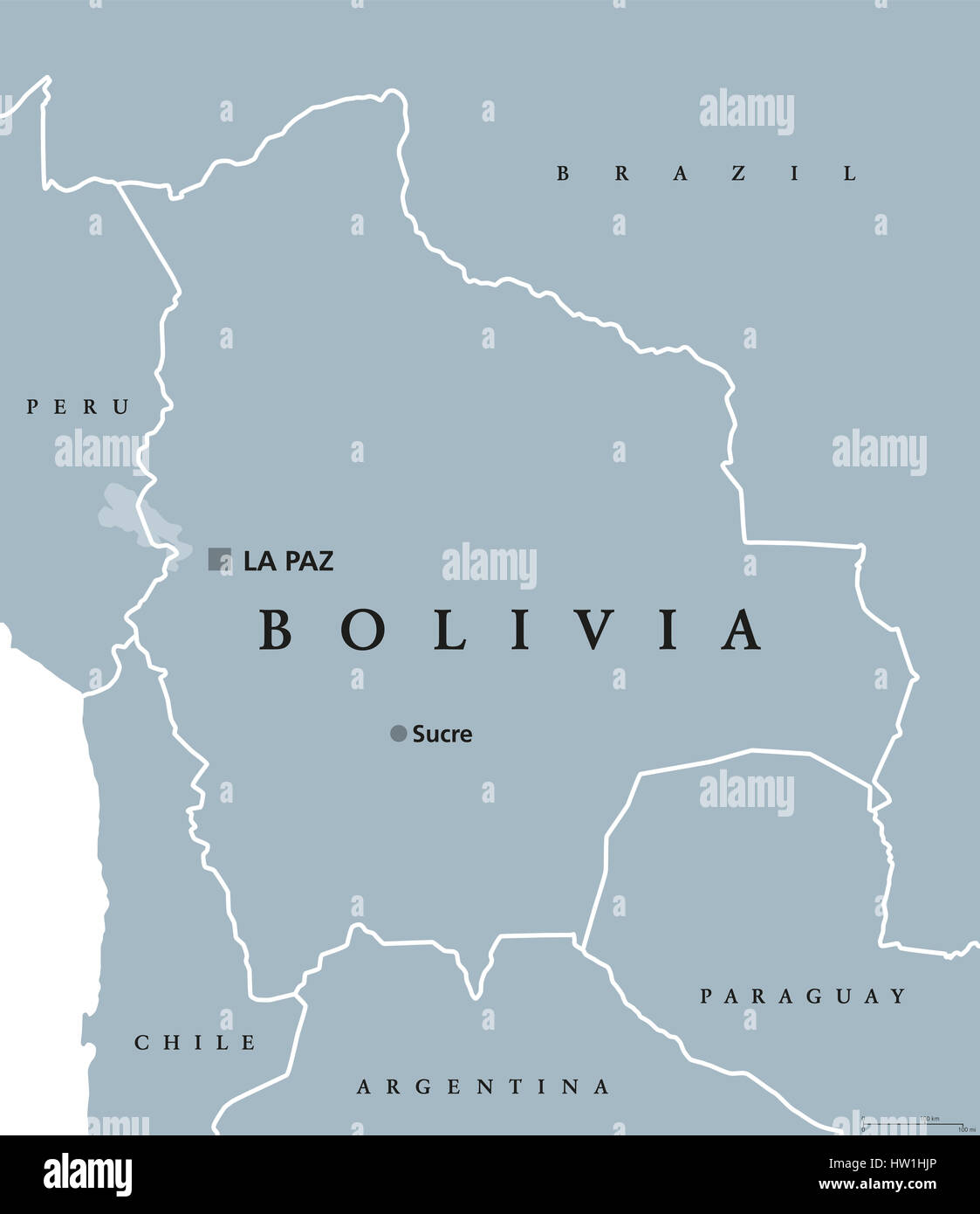 Bolivia political map with capital Sucre and La Paz, national borders and neighbors. Plurinational state and country in South America. Stock Photo