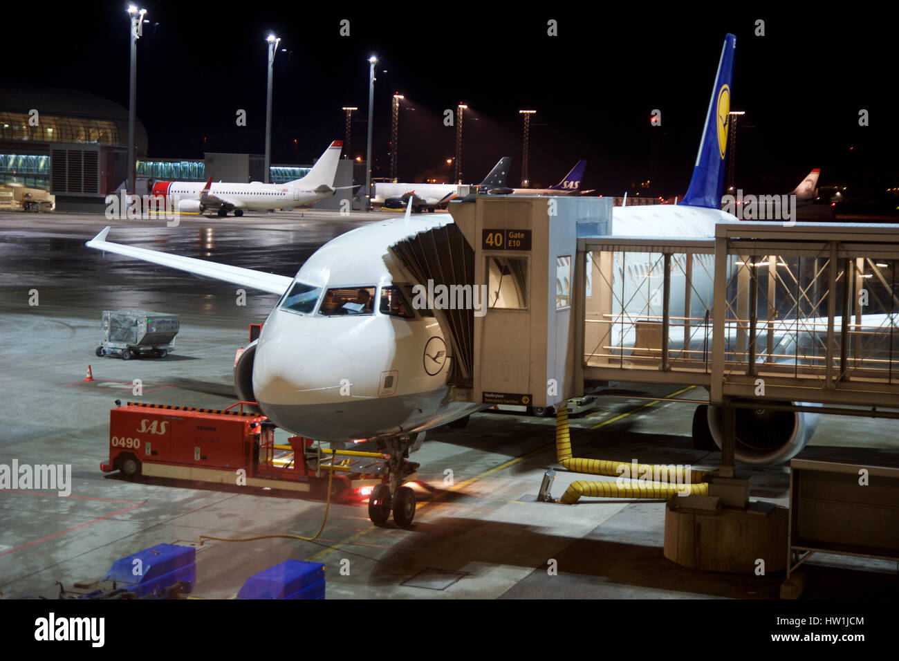 OSLO, NORWAY - JAN 21st, 2017: Lufthansa Airbus A320 airplane at the gate ready for boarding, early in the morning during winter. Stock Photo