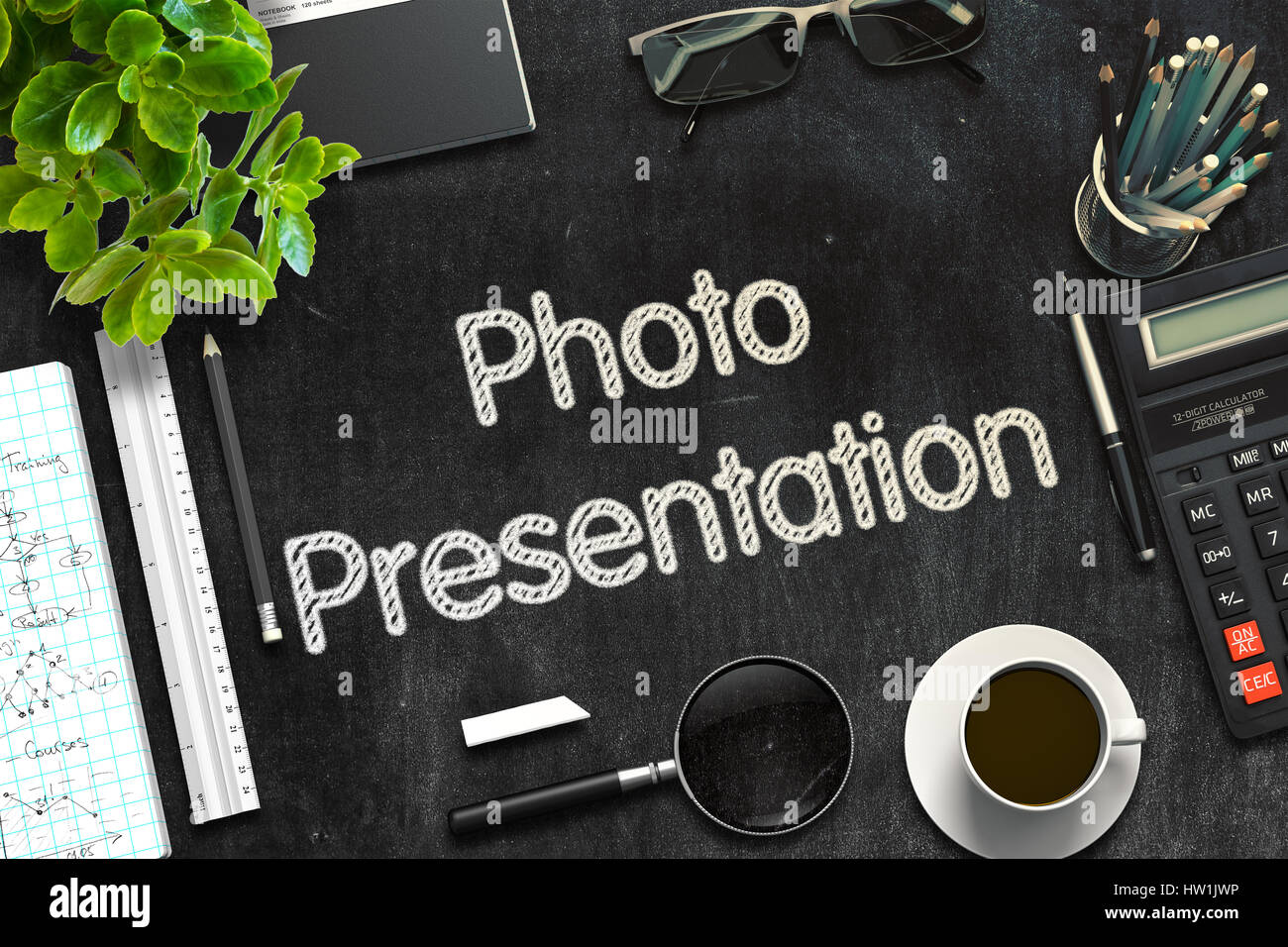 Photo Presentation on Black Chalkboard. 3D Rendering. Stock Photo