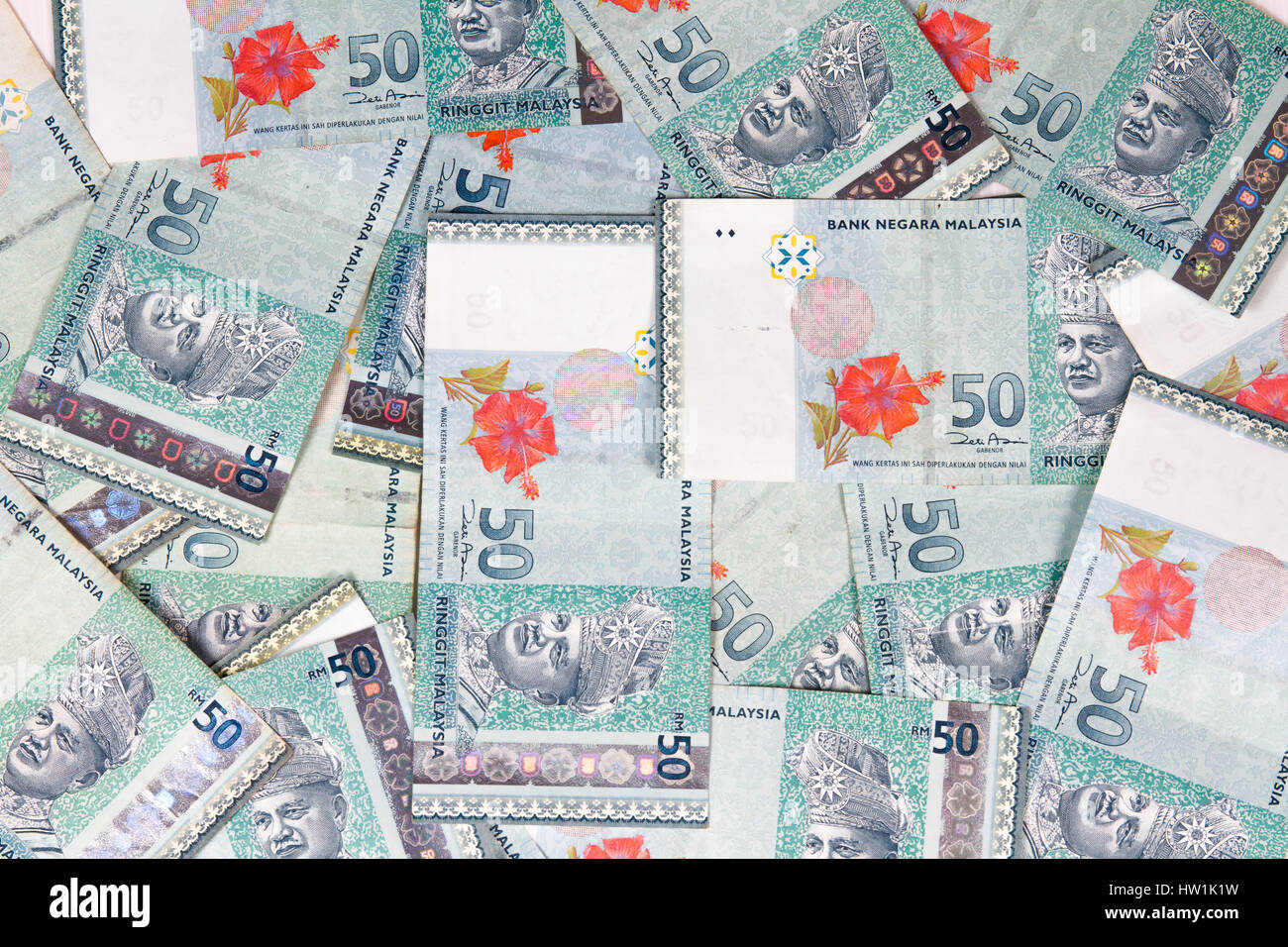 Close up of Ringgit Malaysia bills in white background Stock Photo