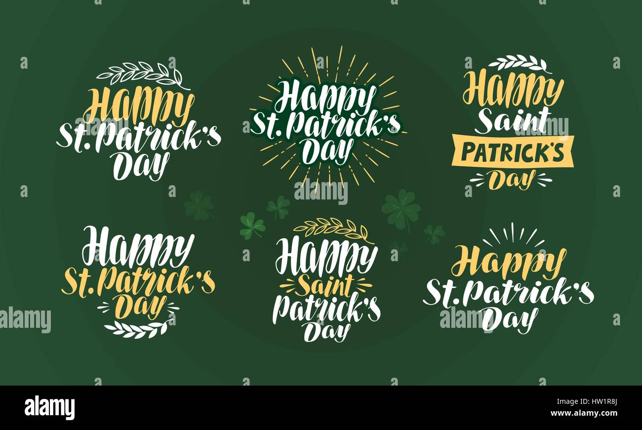 Happy St. Patricks day, label set. Irish holiday, beer festival. Lettering vector illustration Stock Vector