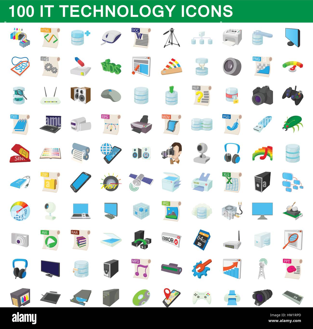 100 it technology icons set, cartoon style Stock Vector