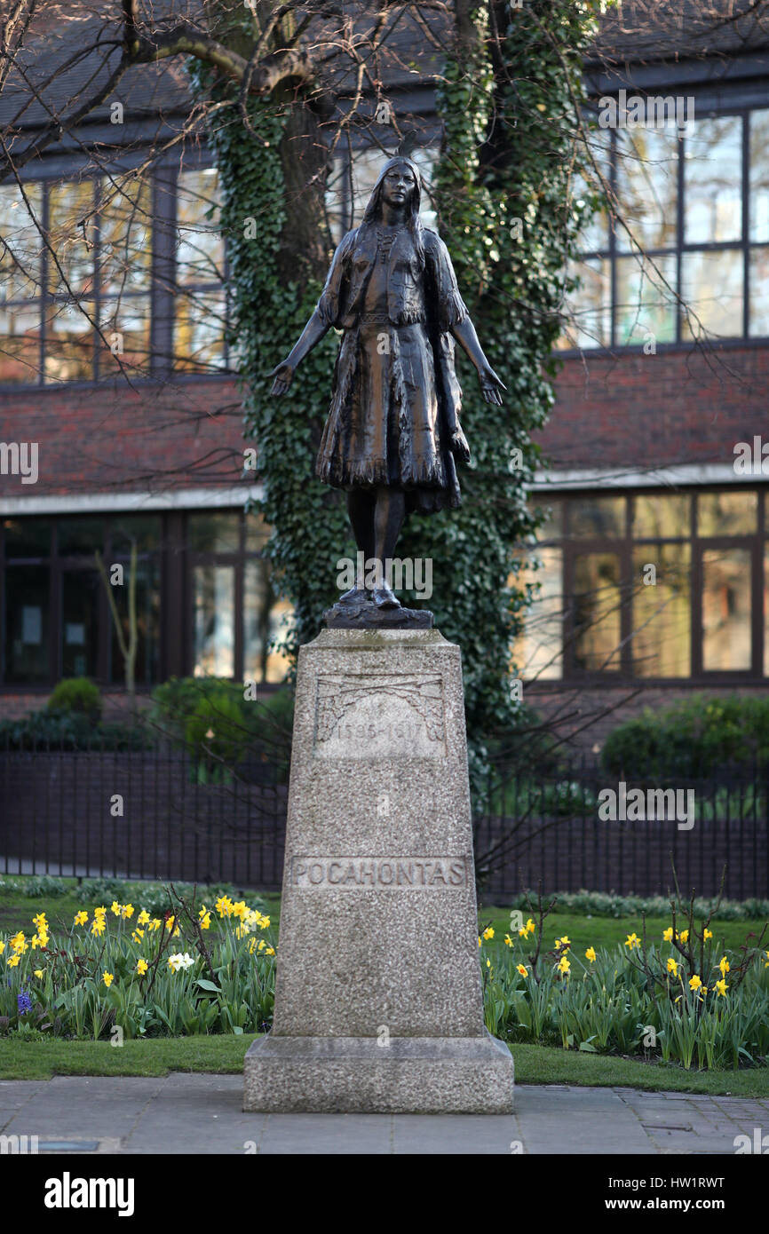 A general view of the Grade II life-size bronze of Pocahontas at the Church of St George in Gravesend, Kent. The statue had its listed status updated to commemorate 400 years since the famous Native American woman's death on English soil. Stock Photo