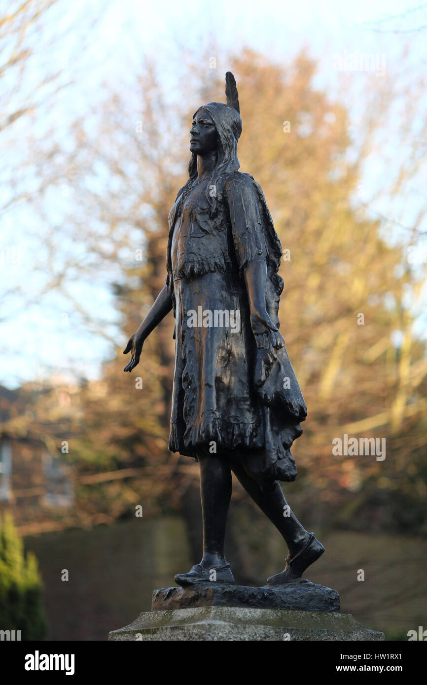 A general view of the Grade II life-size bronze of Pocahontas at the Church of St George in Gravesend, Kent. The statue had its listed status updated to commemorate 400 years since the famous Native American woman's death on English soil. Stock Photo