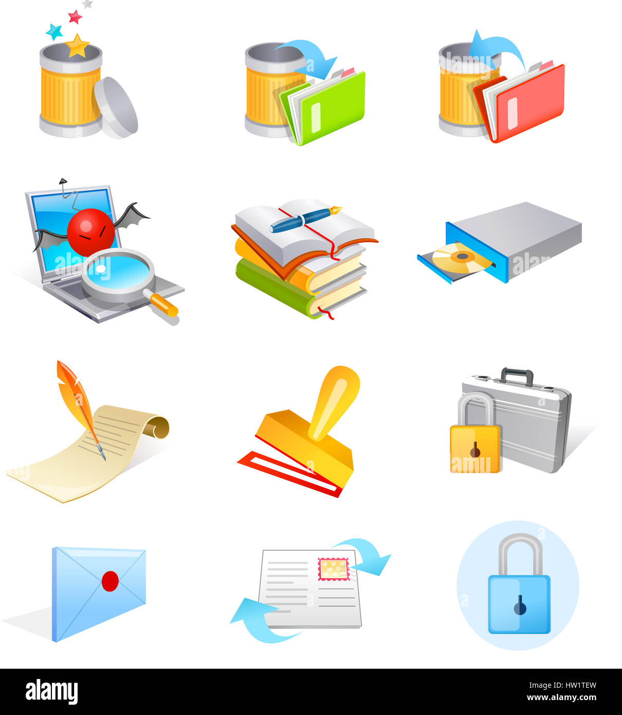 book,briefcase,cd player,clip art,clipart,color,colour,color image,communication,computer,computer graphics,computer icon,container,correspondence,digitally generated image,envelope,file,garbage can,graphics,icon,illustration,laptop,efficiency,large group Stock Photo