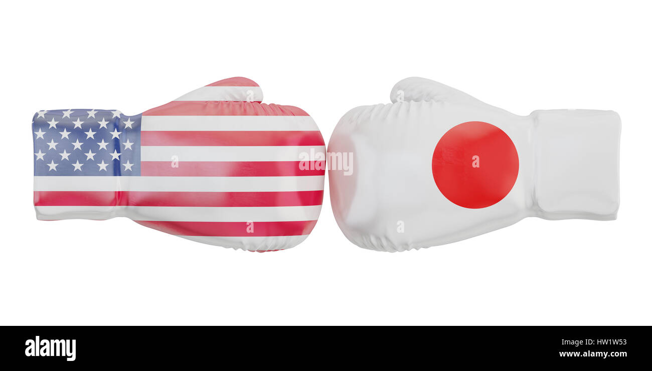 Boxing gloves with USA and Japan flags. Governments conflict concept