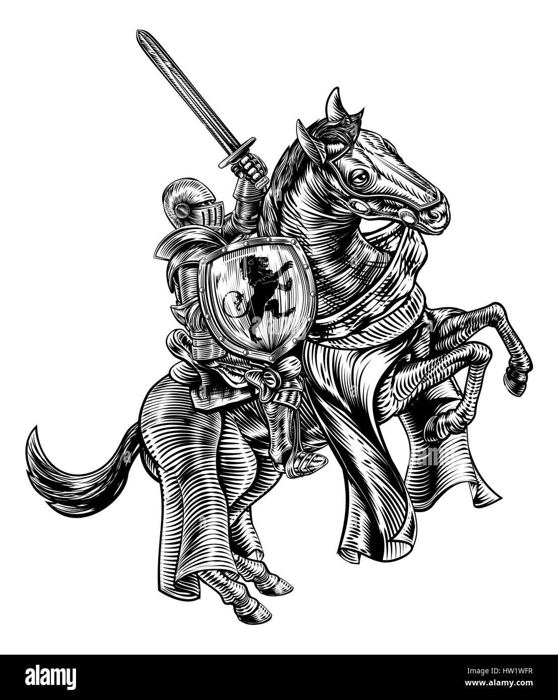 A knight holding a sword and shield on the back of a rearing horse. Original illustration in a medieval vintage woodcut engraved or etched style Stock Photo