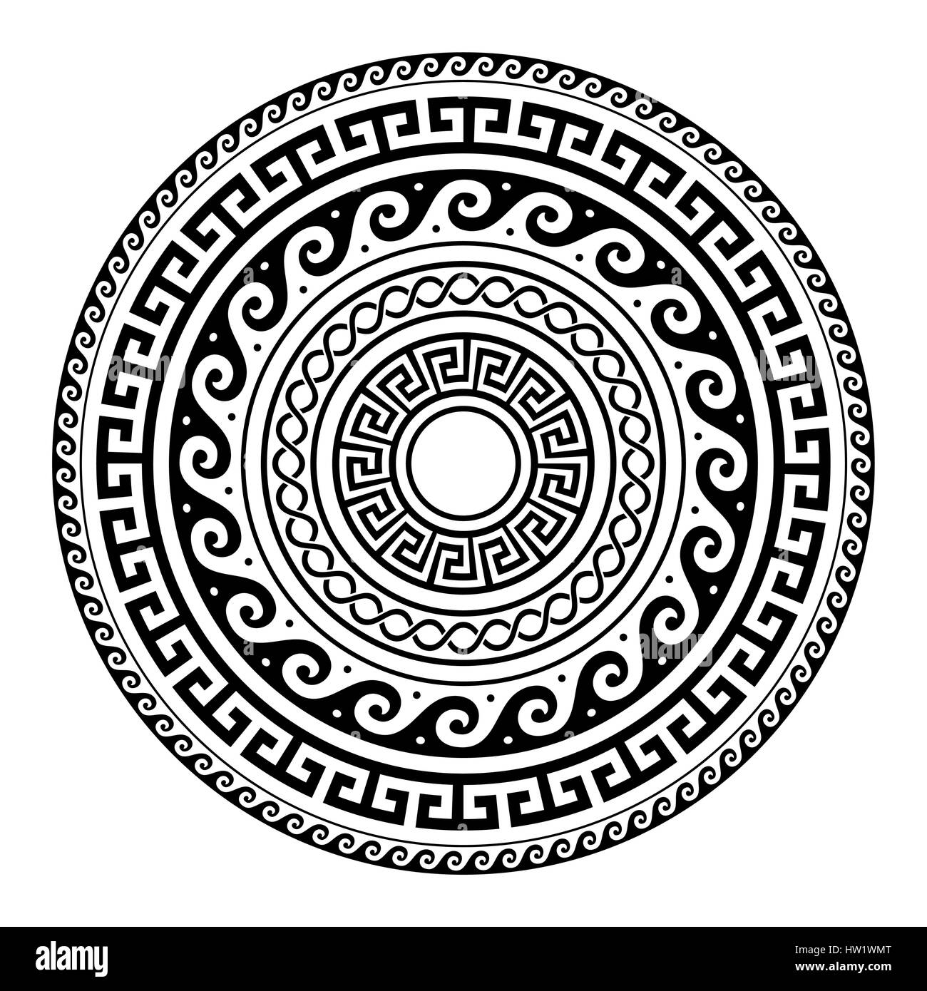Ancient Greek round key pattern - meander art, mandala black shape Stock Vector