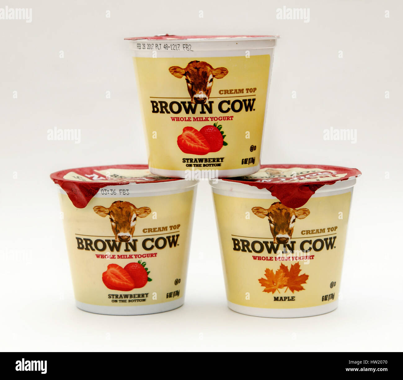 Three container cups of Brown Cow yogurt stand against white background. Stock Photo