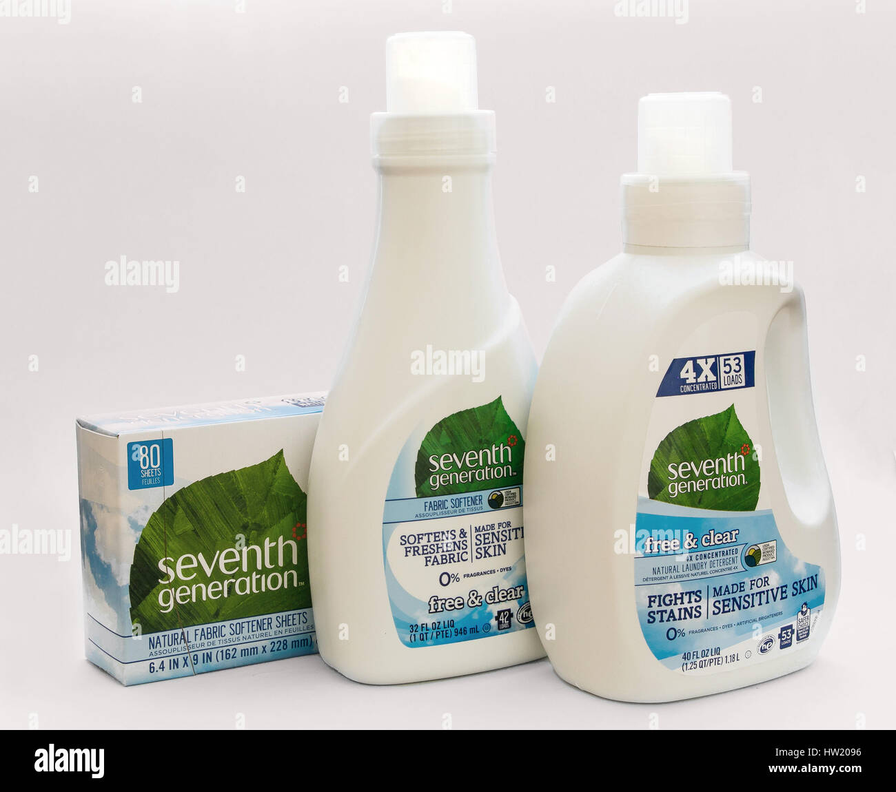 A set of Seventh Generation laundry detergent, fabric softener liquid and sheets for the dryer. Stock Photo