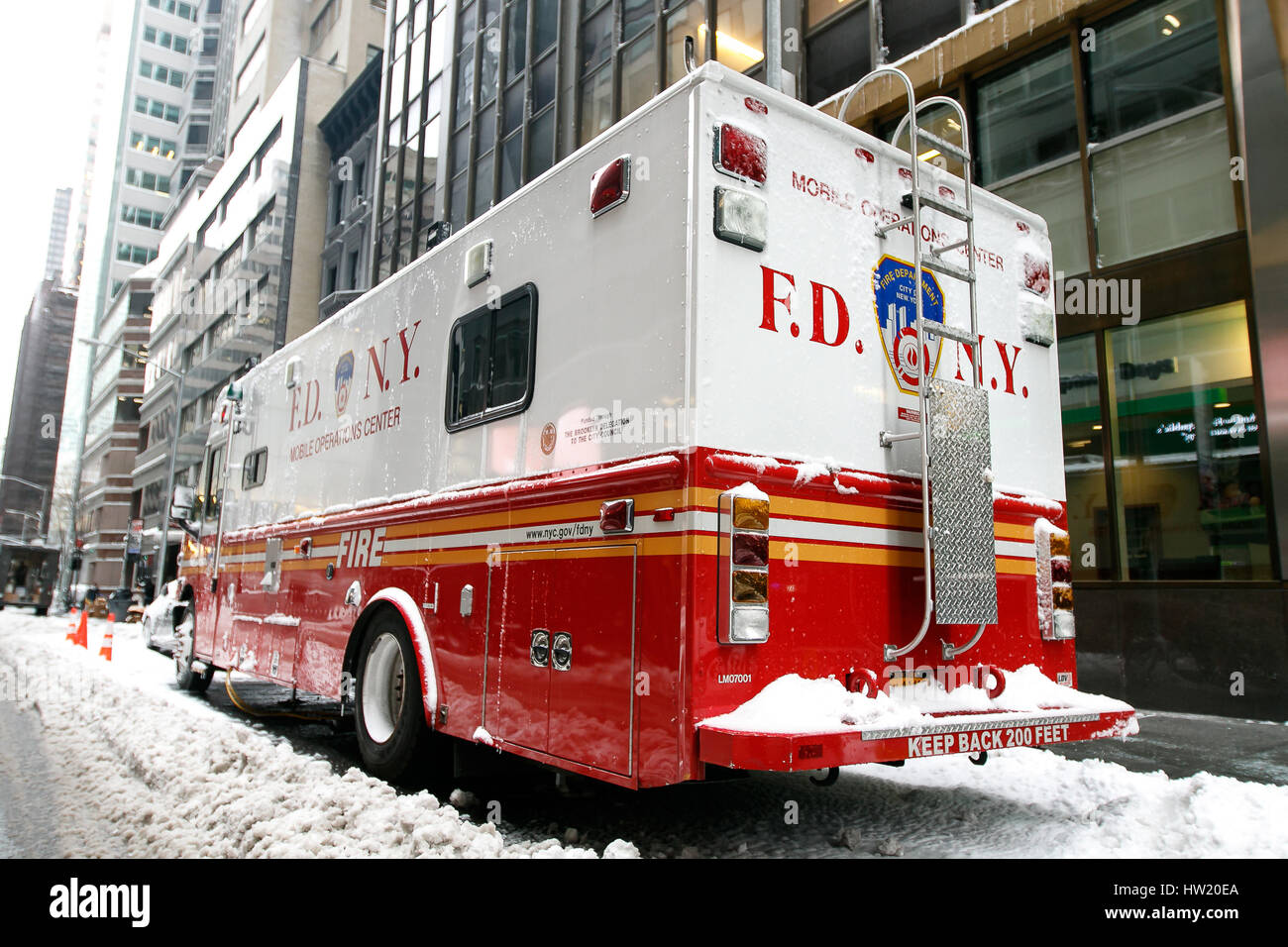 New York, Feburary 9, 2017: An FDNY mobile operations center is parked in the snow in midtown Manhattan. Stock Photo