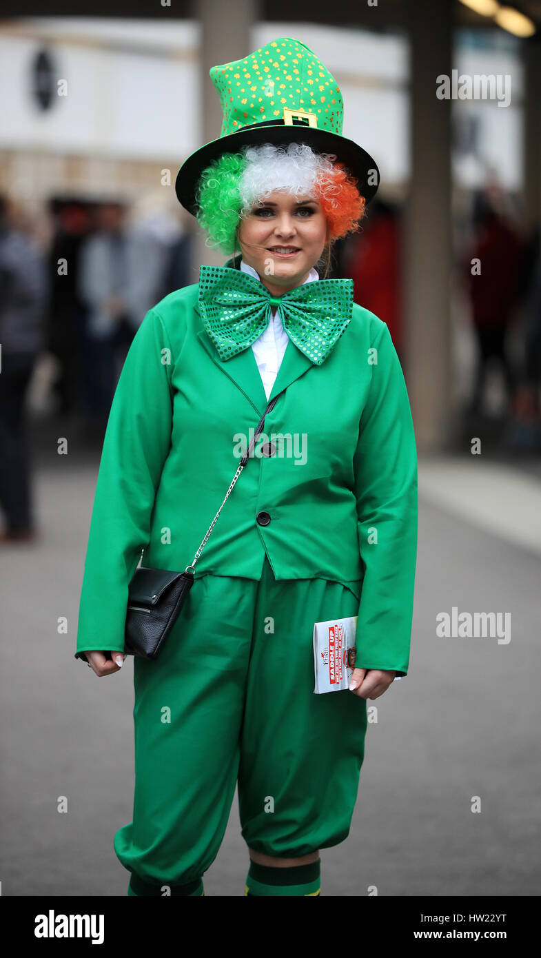 Racegoer Margaret Connelly dressed in Irish fancy dress during St