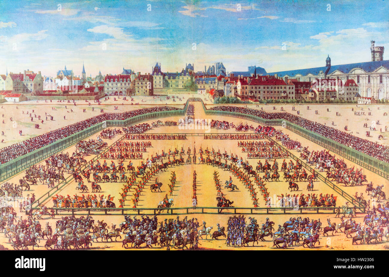 General view of the Grand Carousel, given by Louis XIV in front of the Tuileries, Paris, France, 5th June 1662, to celebrate the birth of the Dauphin. Taken from the stands which had been erected in front of the east facade of the palace of the Tuileries.  On the right the Medicis gallery with the old tower facing the tower of Nesle, on the left the district of the Rue Saint Honore opposite the mansions of the Rue Saint Nicaise which then separated the Louvre from the Tuileries, at the bottom the Louvre. Stock Photo