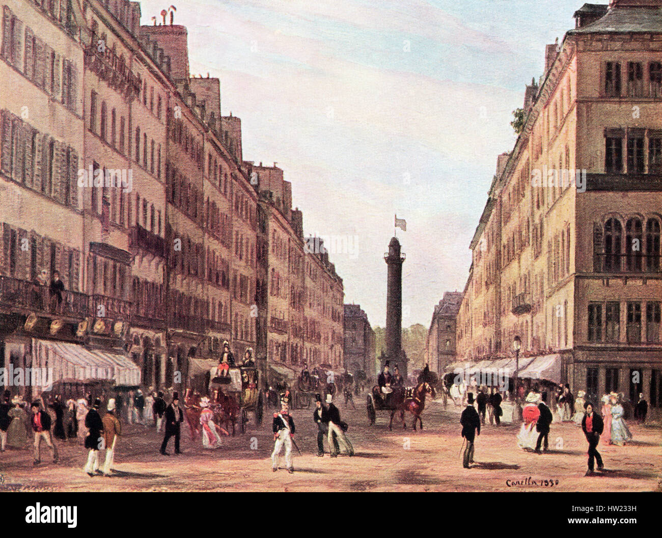 La Rue de la Paix, with the Memorial column at Place Vendome in the background, Paris, France in the 19th century.  After the painting by J. Canella. Stock Photo