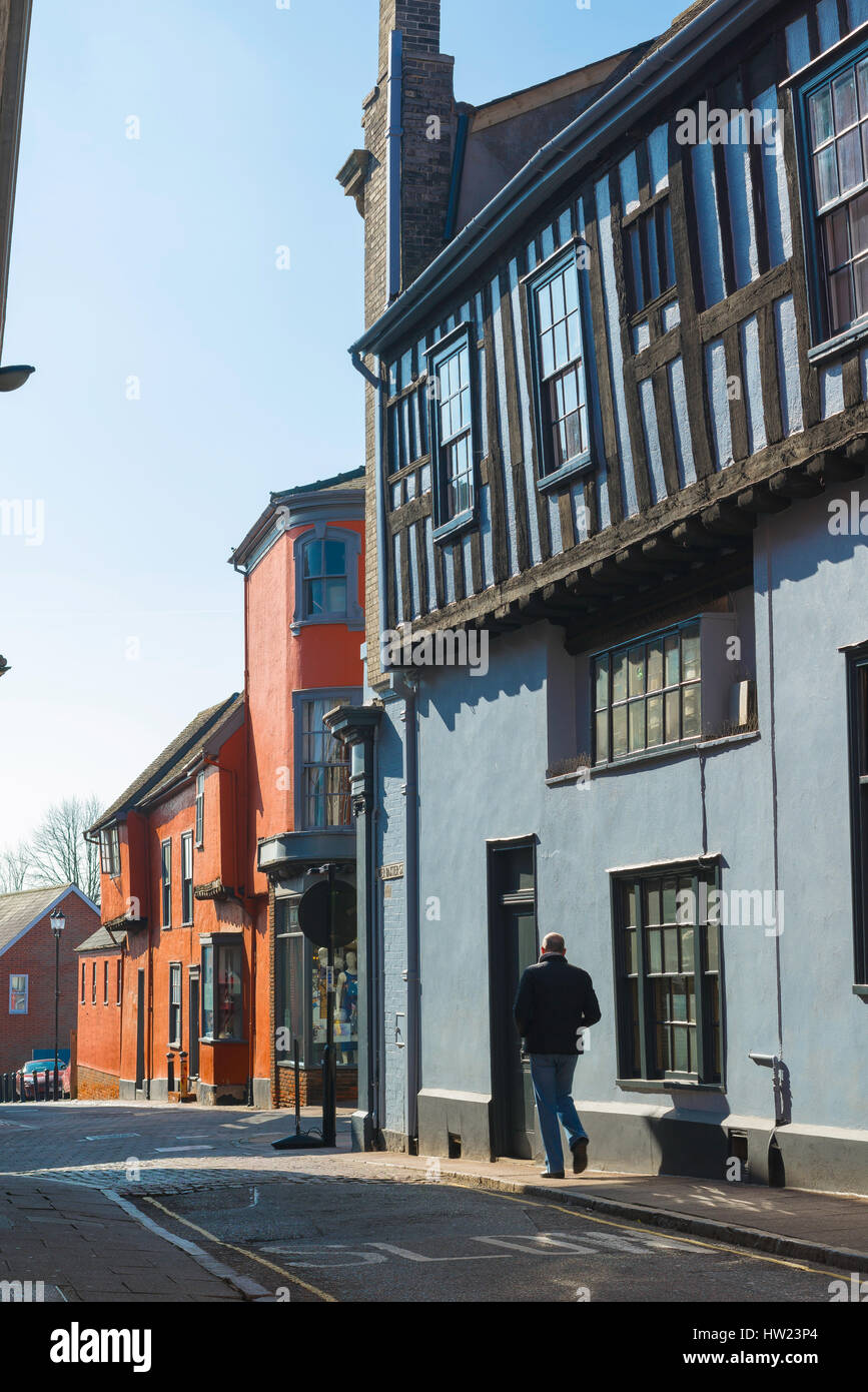 Bury St Edmunds Suffolk, view of colourful medieval buildings on the