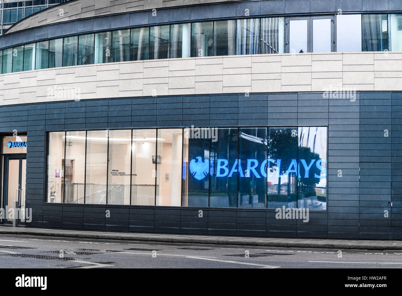 Barclays at Canary Wharf, one of London's two financial districts. Stock Photo