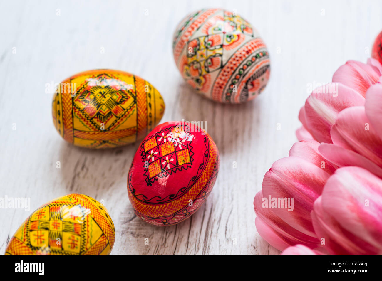 Easter Background with easter eggs and pink tulips on light wooden ...
