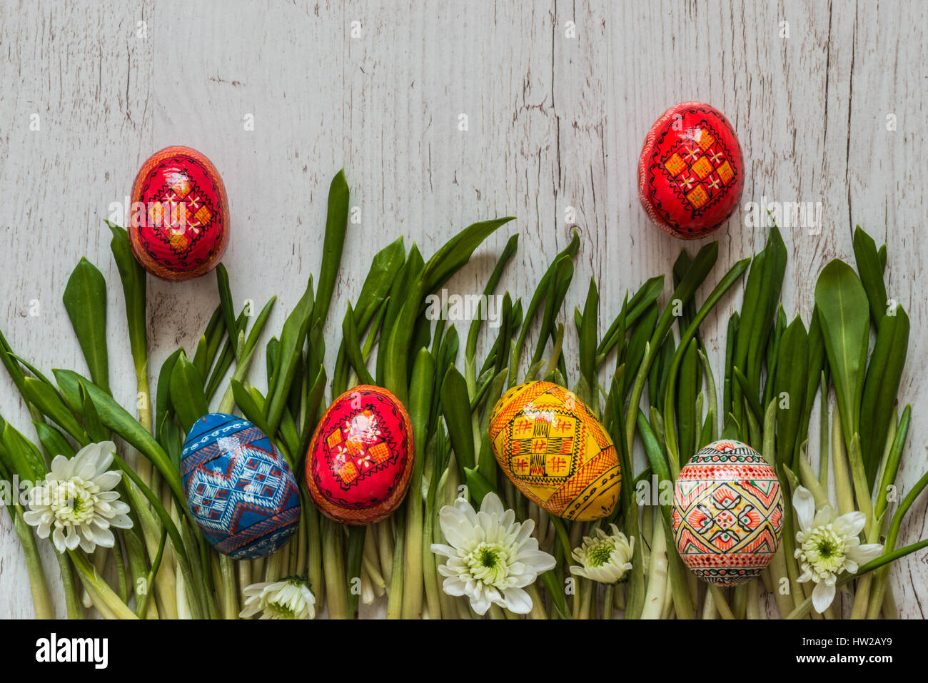 Easter Background with easter eggs and spring flowers on green grass ...